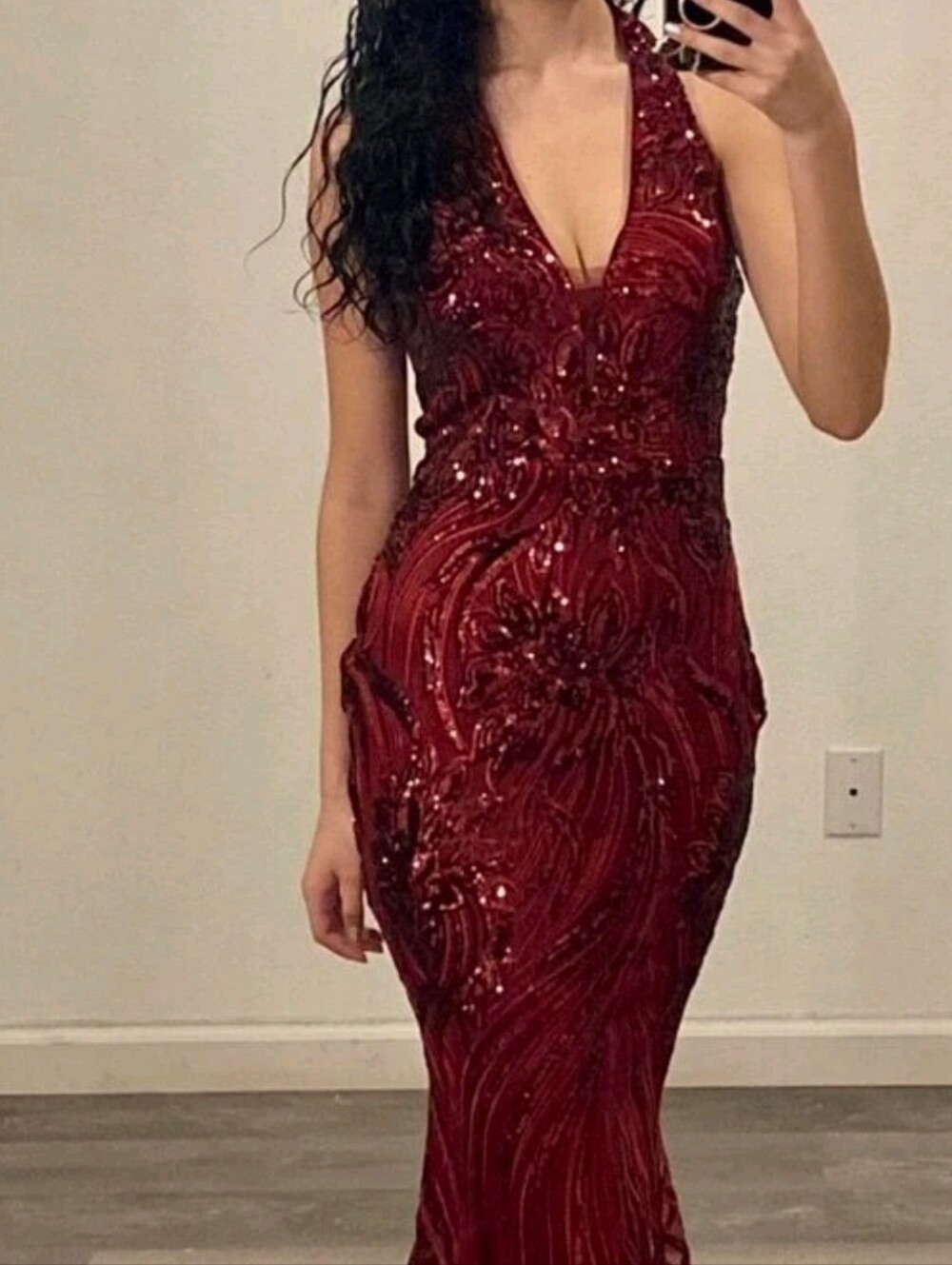 Sleeveless Burgundy Sequin Halter Prom Gown - Picture 15 of 16